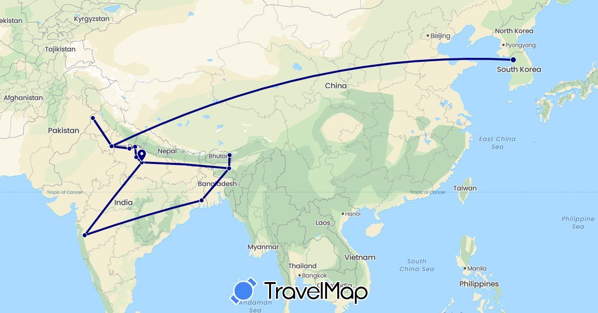 TravelMap itinerary: driving in India, South Korea (Asia)